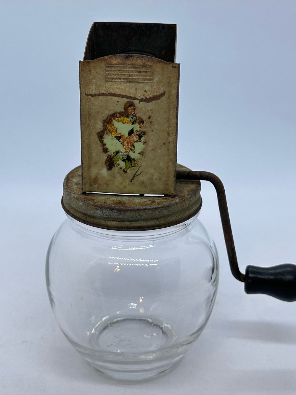 Vintage Androck Hazel Atlas Glass 5935 Nut Grinder Green Metal with Wooden Crank